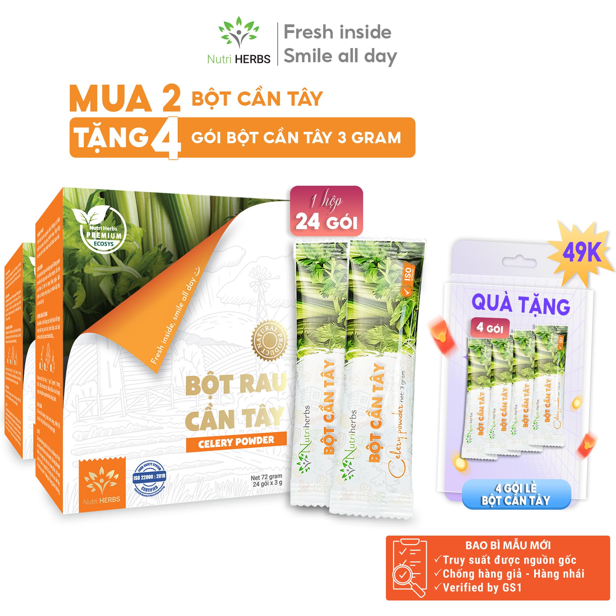 [ Combo 2 Giá Hời ] Bột Cần Tây Nguyên Chất Nutri HERBS Không Đường - Hộp 24 Gói x 3 Gram