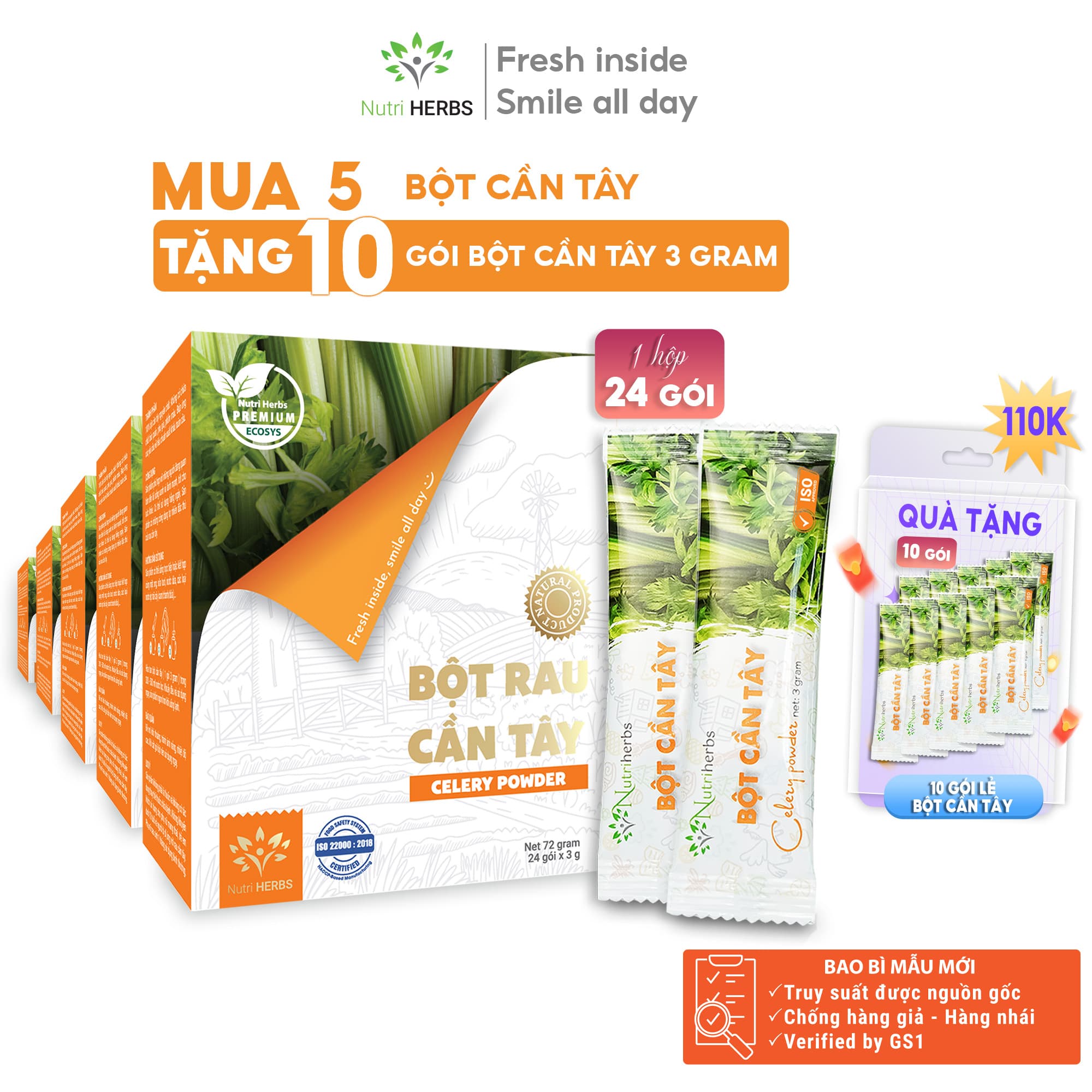 [ Combo 5 Hộp ] Bột Cần Tây Nguyên Chất Nutri HERBS Không Đường - Hộp 24 Gói x 3 Gram