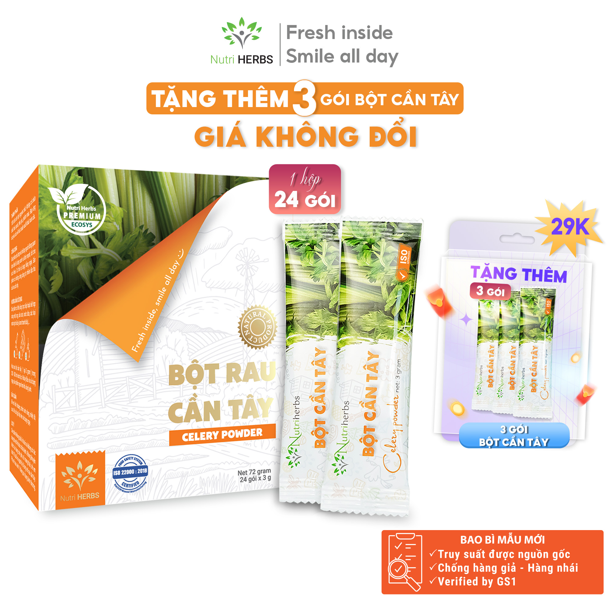 Bột Cần Tây Nguyên Chất Nutri HERBS Không Đường 24 Gói x 3 Gram ( Có Quà Tặng )