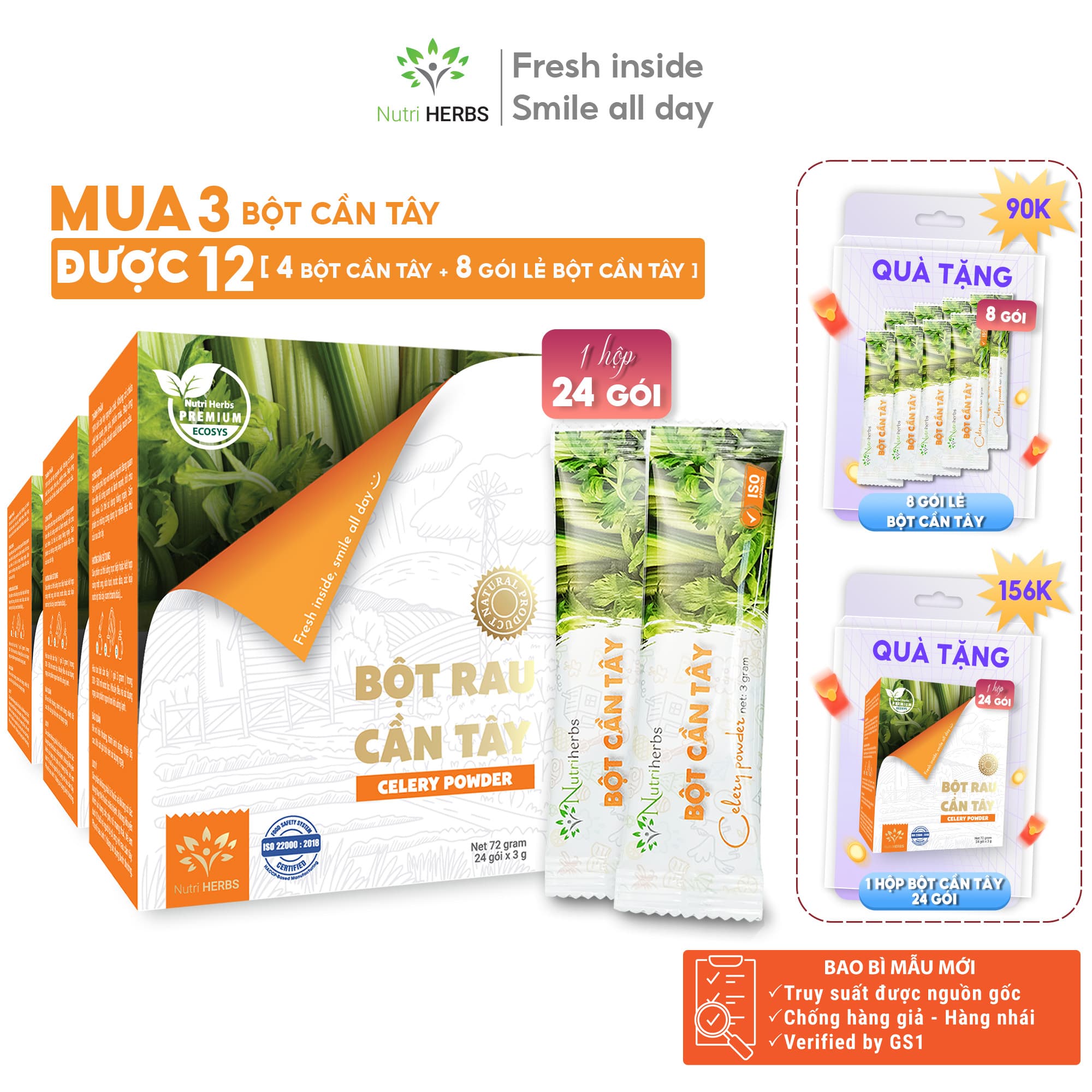 [ Mua 3 Được 12 ] Bột Cần Tây Nguyên Chất Nutri HERBS Không Đường - Hộp 24 Gói x 3 Gram