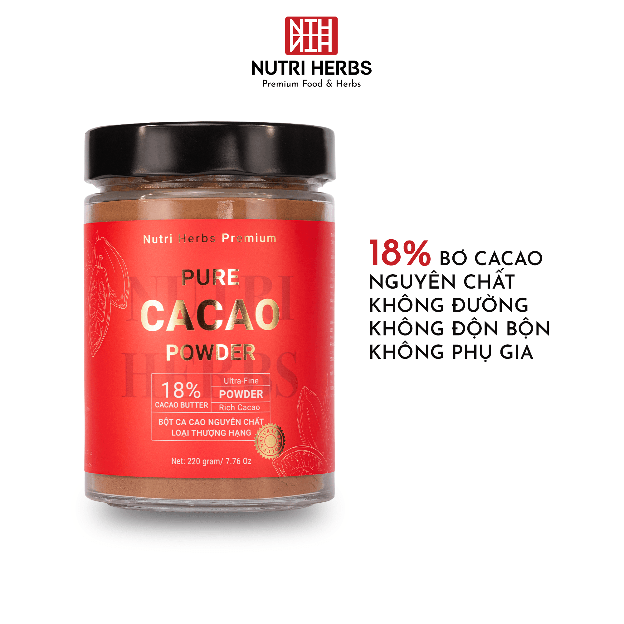 Bột Cacao Nguyên Chất Nutri Herbs – Bơ Cao 18%, Giàu Flavonoid, Không Đường & Hương Liệu – 50g/220g