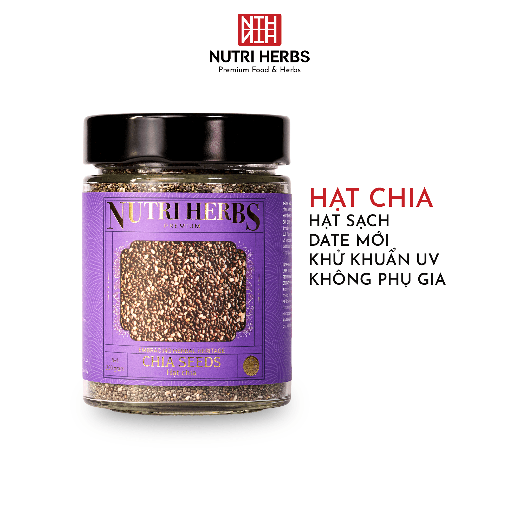 Hạt Chia Đen Nutri Herbs – Loại Thượng Hạng, Không Tạp Chất Sang Trọng Làm Quà Tặng – Lọ 200g