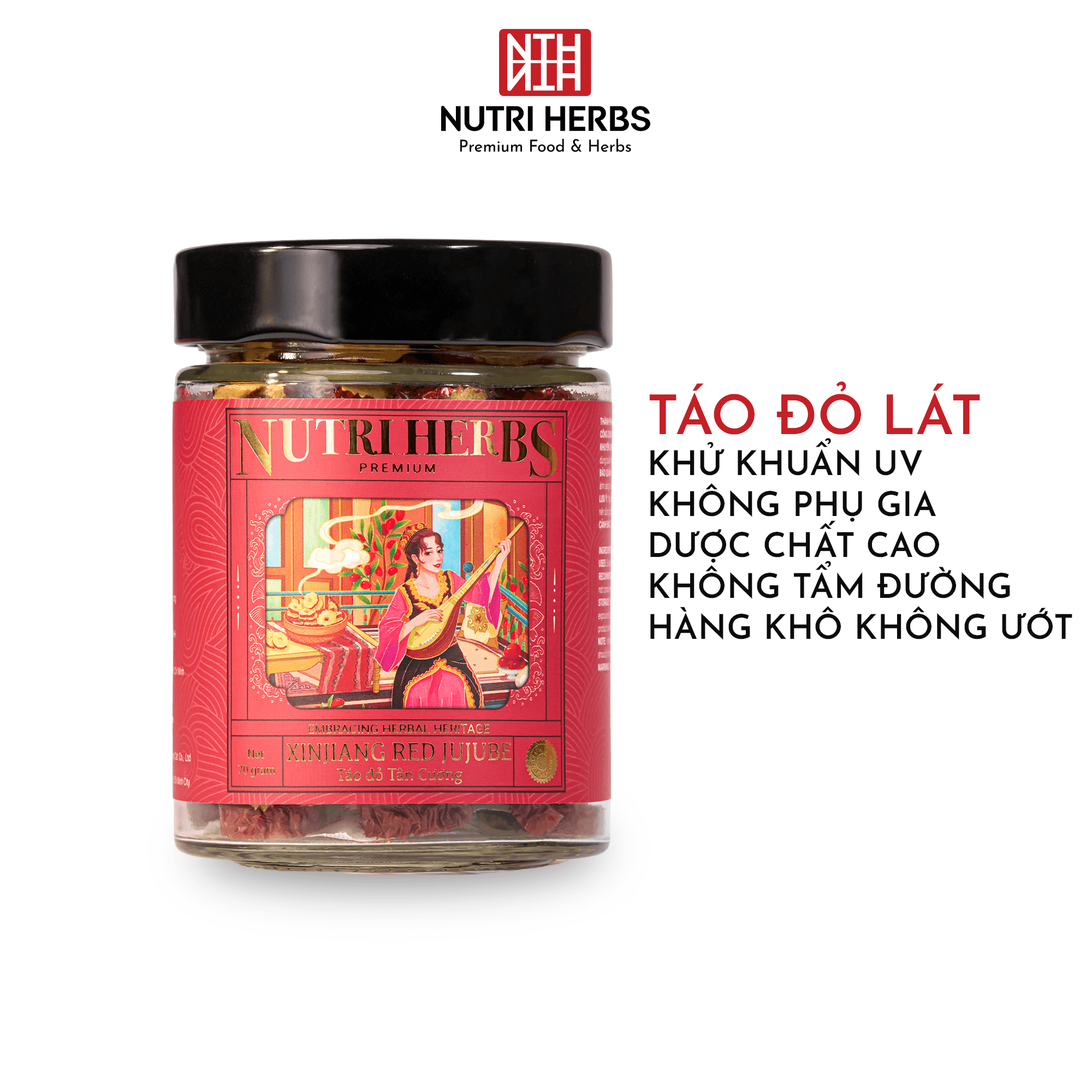 Táo Đỏ Tân Cương Sấy Khô Nutri Herbs – Loại Thượng Hạng, Lát Đều Đẹp Sang Trọng Làm Quà Tặng Lọ 70g