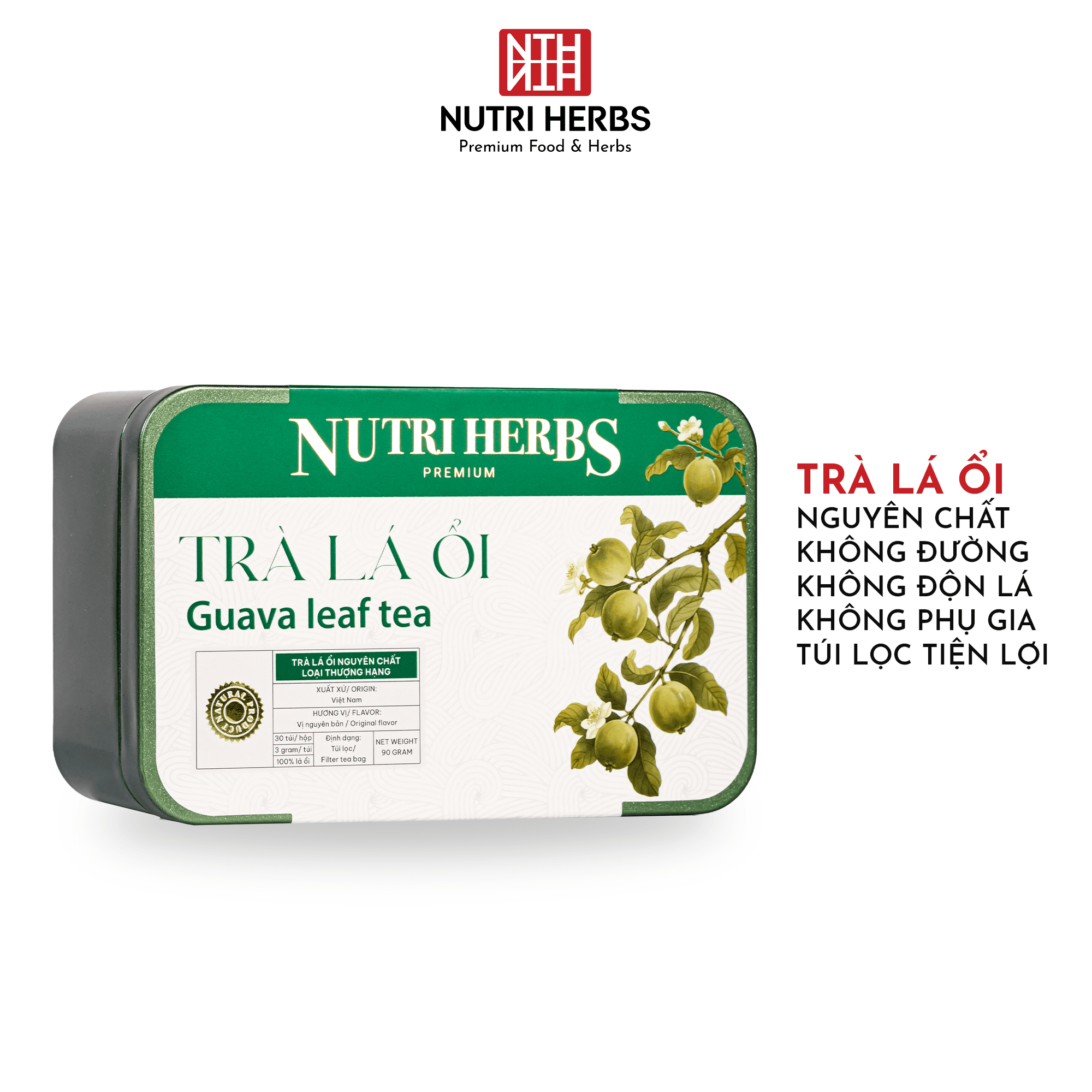 Trà Lá Ổi Non Nguyên Chất Nutri Herbs – Loại Thượng Hạng, Hộp Thiếc Đẹp Làm Quà Tặng – 30 Túi x 3g